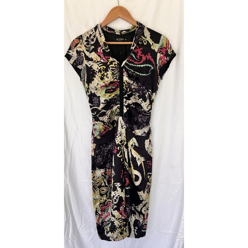 Etro Baroque Abstract Print V-Neck Ruched Mini Dress Multicolor Women’s Size 42